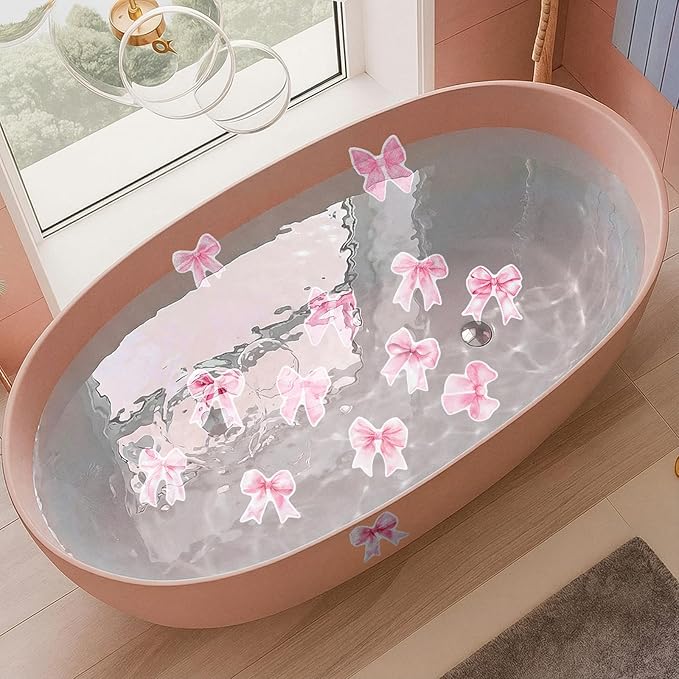 Marspark 30 Pcs Pink Bow Non Slip Bathtub Stickers Cute Bow Anti Slip Shower Stickers with Scraper Pink Bathroom Accessories Coquettish Preppy Girly Women Decor for Bathroom Bathtub