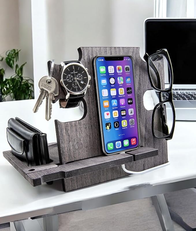 GRETAOTO Personalized Wood Phone Docking Station Gift for Men Bedside Nightstand Charging Station Organizer Mens Accessories Phone Stand Anniversary Birthday Gifts for Dad Him Husband