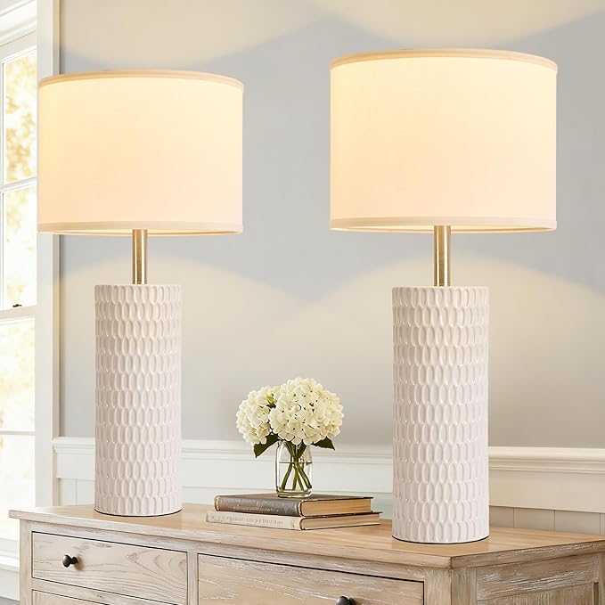 26.5" Ceramic Table Lamp, Table Lamp for Living Room, White Lamp for Bedroom, Night Stand Lamps, Modern Bedside Lamp Set of 2, End Table Lamps, White