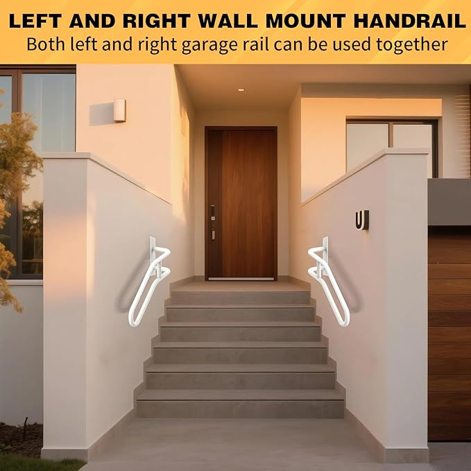 Left Side Wall Mounted handrail, Garge Door Stair Railing for 1-3 Steps(Polished White, Left Side, 230LBs Loading)