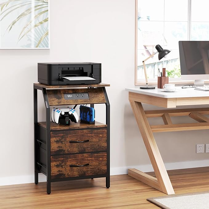 End Table with LED Lights, Nightstand with 2 Drawers and Type C Charging Station, Small Fabric Dresser for Bedside, Storage Side Table for Living Room Dorm, Rustic Brown