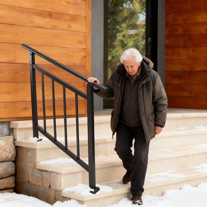 Hand Rails for Outdoor Steps,4 Step Stair Handrail & Indoor Stair Railing Kit，Metty Metal Railings for Outdoor Steps and Hand Rails for Seniors for Porch Railing -Blcak