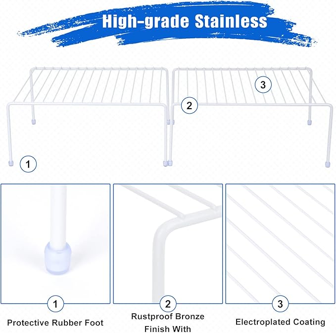 SIBAO Kitchen Cabinet Storage Shelf Rack/Plastic Feet - (13.1 x 10.2 Inch) - Steel Metal - Rust Resistant Finish - Cups, Dishes, Cabinet & Pantry Organization (2, White)