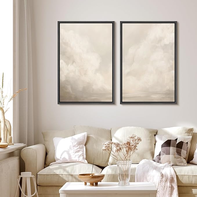 MUDECOR Framed Canvas Print Wall Art Neutral Cloudscape Soft Abstract Sky Illustrations Modern Art Decorative Bohemian Colorful Chic for Living Room, Bedroom, Office - 16"x24"x2 Black