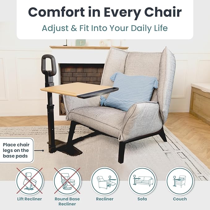 PELEGON Tray Table, 360° Swivel Table for Recliner, Adjustable Height with X-Large Table for Eating and Laptop, TV Trays for Couches & Chairs with Ergonomic Stand Assist Safety Handle for Elderly