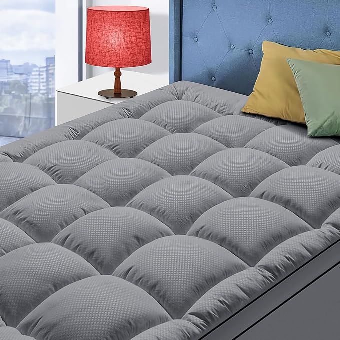 MATBEBY California King Mattress Topper, Extra Thick, Quilted Fitted, Breathable, Machine Washable, Deep Pocket, Dark Grey