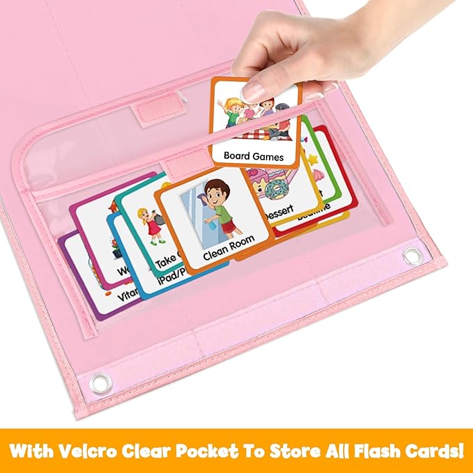 Godery Large Visual Schedule for Kids Chore Reward Chart,Bedtime Routine Chart for Toddlers,Double Side Schedule Board with 109 Cards for Home School Planner,Autism Learning Materials (Pink)