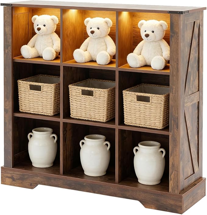 9 Cube Bookcase, Wooden Cube Storage Organizer Shelf, Grey Horizontal Book Shelf with LED Lights, Freestanding Display Cabinet for Living Room, Hallway TV Stand for Entryway