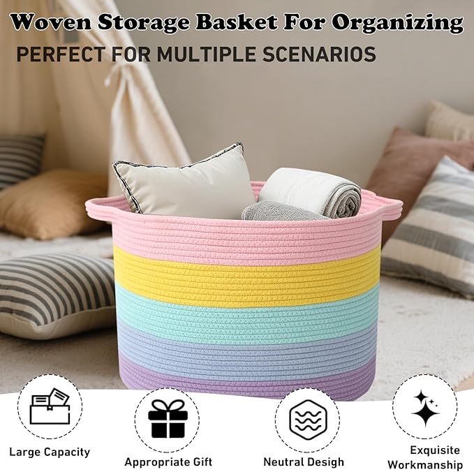 Large Storage Basket with Handle,19.7" L x 19.7" W x 13" H Blanket Basket Storage Bins for Organizing,65L Cotton Rope Woven Baskets for Living Room, Nursery ,Bedroom,Colorful