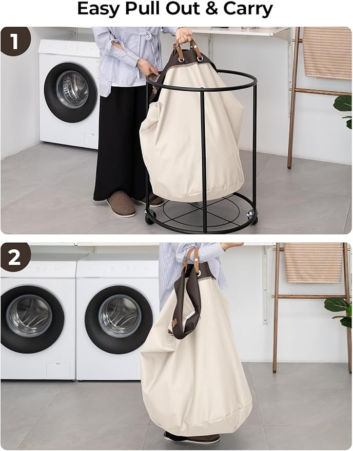 StorageWorks 170L Rolling Laundry Basket, Clothes Hamper with Wheels, Round Clothing Cart with Steel Frame and Removable Bag, 4 Casters and 2 Brakes, Beige, 1-Pack