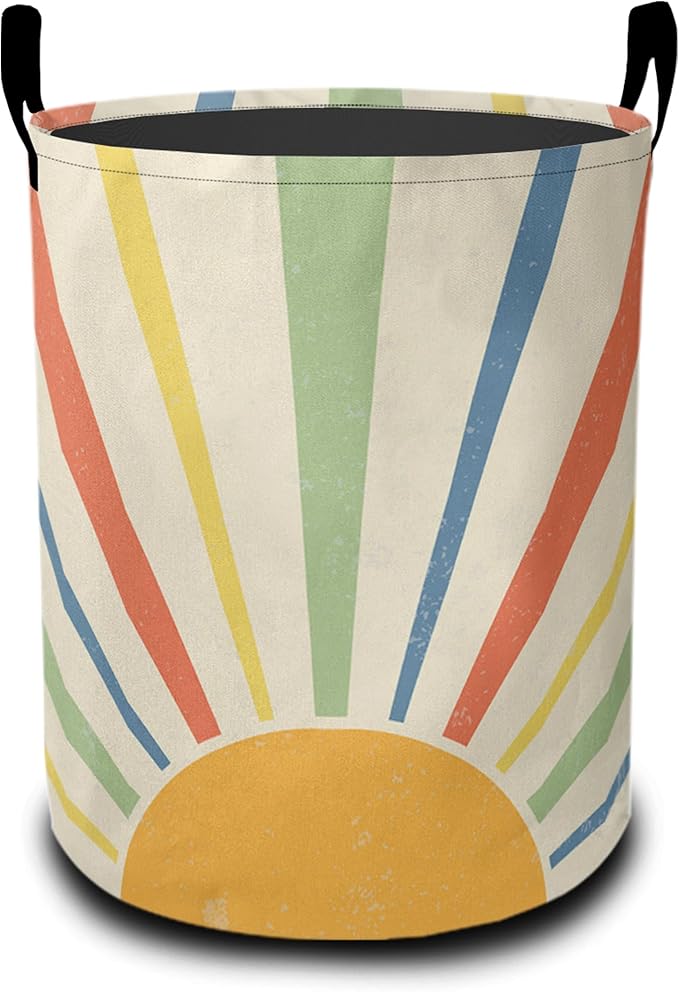 Boho Colored Sun Laundry Basket-Large Foldable Hamper Holder Portable Tall Collapsible Laundry Hamper Storage Basket Bin with Handles, Canvas & Waterproof lining for Household Items