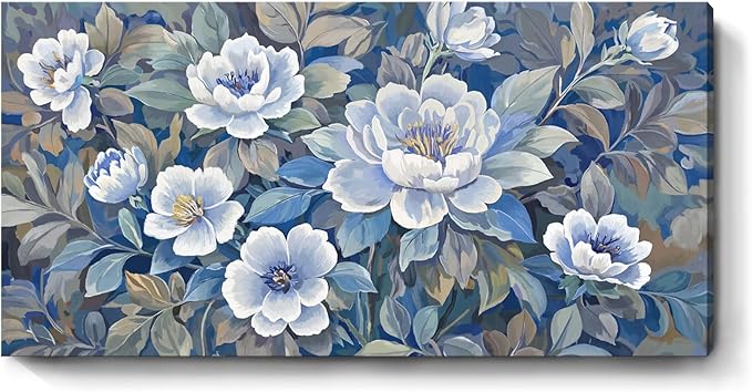 amatop Large Wall Art Abstract Floral Canvas Wall Decor Blue White And Gray Picture Natural Botanical Artwork For Living Room Bedroom Office Dining Room Hallway 48X24