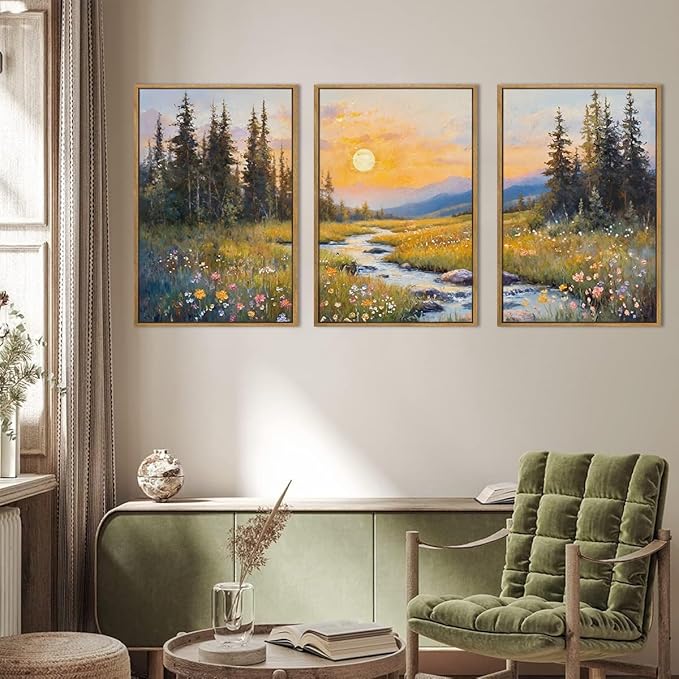 IARTTOP Extra Large Mountain Landscape Wall Art Framed 24x36 Inch Abstract Forest Canvas Wall Decor Sunset Nature Scenery Artwork for Living room Bedroom Set of 3