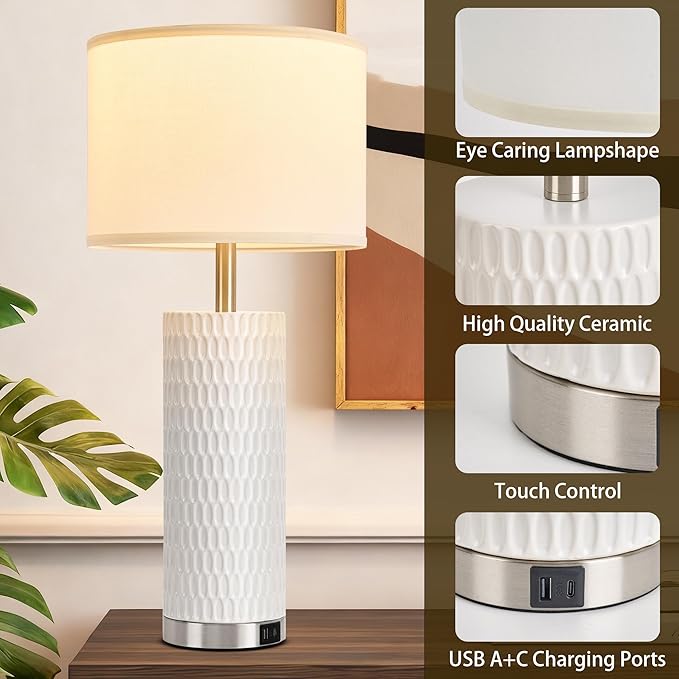 27.5" Ceramic Table Lamp, Table Lamp for Living Room with USB A+C Charging Ports, 3 Way Touch Control Table Lamps for Bedroom, Modern Bedside Lamp Set of 2, End Table Lamps, Bulbs Included White