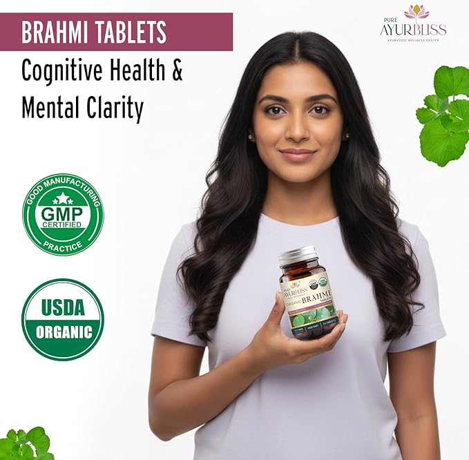 100% Organic Brahmi Tablets with Bacopa monnieri Extract, Ayurvedic Cognitive Support for Memory, Focus, and Mental Clarity, Herbal Brain Health Formula - 90 Count