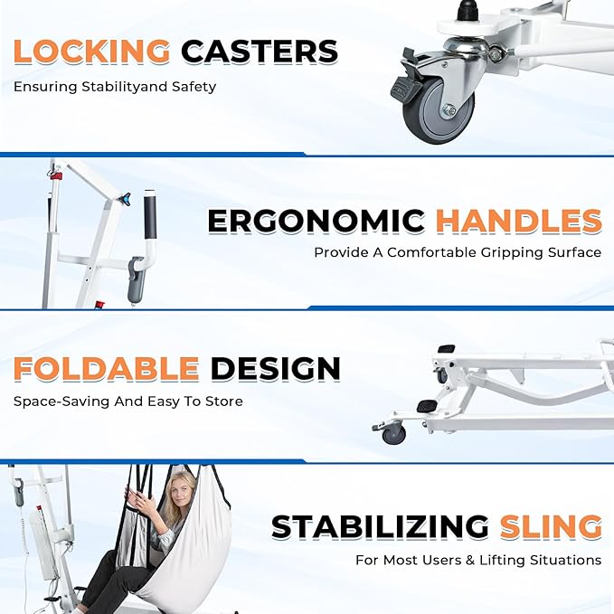 Patient Lift Transfer Chair, 5 in 1 Patient Lift Chair with 180°Split Seat, Height Adjustable Patient Transfer Chair with 4 Casters for Home Seniors Elderly, Load 450Lbs (Electric/Hanger, Silver)