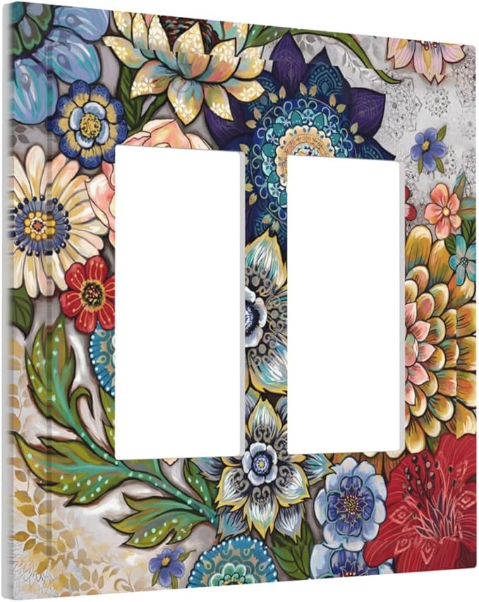Boho Floral Colorful Floral Multi Color Flower Decorative Outlet Covers 2 Gang Double GFCI Rocker Electrical Wall Panels Light Switch Cover Plate for Bedroom Living Room Home Decor