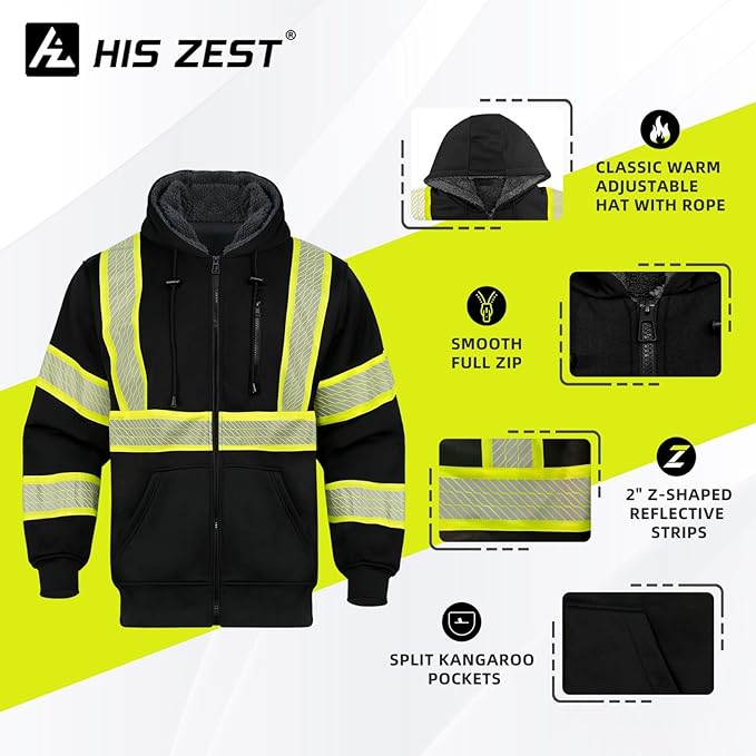 Hi Vis Hoodie Reflective Safety Jacket for Men,Class 3 High Visibility Sweatshirt Zipper for Work Construction