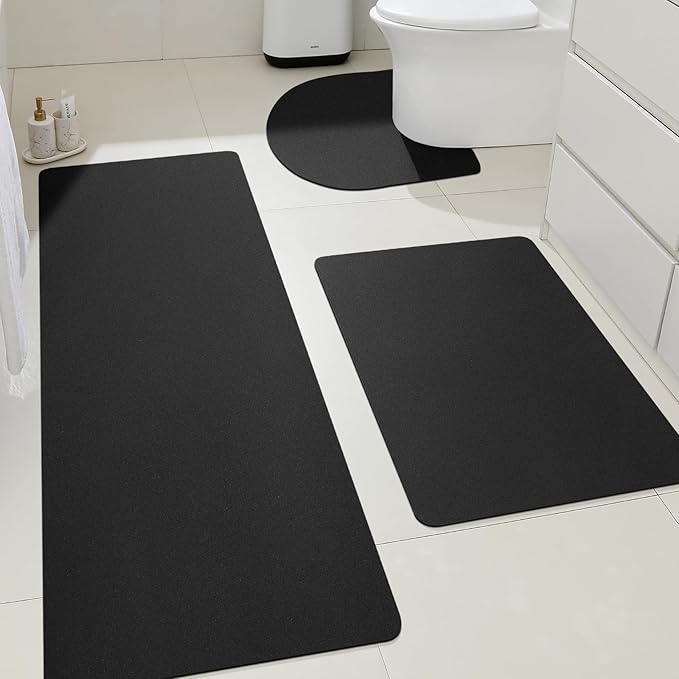Ultra Thin Bath Mat, Upgrade Backing Non Slip Thin Bath Mats Fit Under Door, Quick Dry Ultra Absorbent Bathroom Rugs, Machine Washable Bath Rugs for Bathroom, Bathtub & Kitchen, Black/Solid/3 Piece