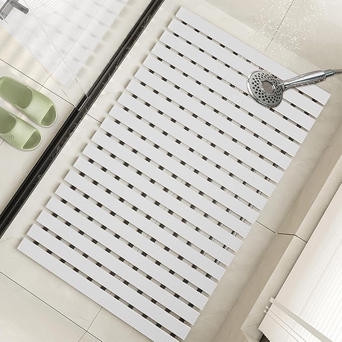 Non Slip Large Shower Mat(35.4"*23.6"),Non Suction Cups Shower Mats for Inside/Outside Shower, Heavy Duty Rubber Walk in Shower Mat for Elderly (White)
