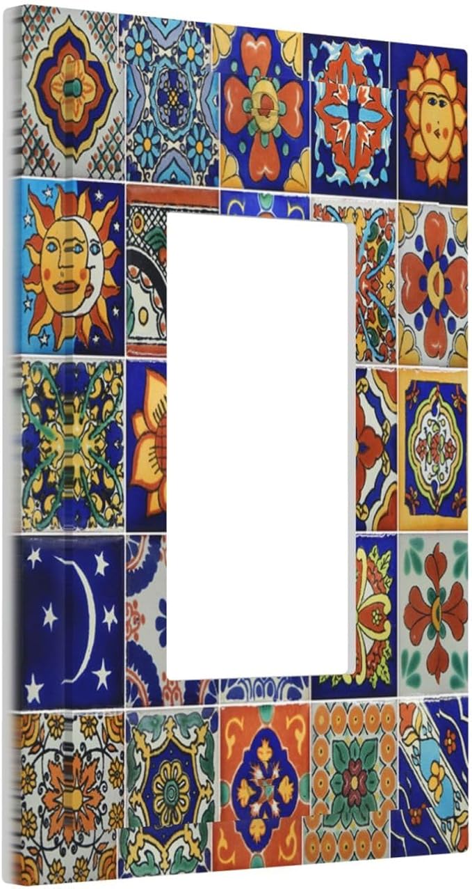 Decorative Outlet Covers Mid Century Talavera Shaped Tiles 1 Gang Single Rocker Light Switch Cover Plate Wall Plates GFCI Faceplate for Bedroom Bathroom Decor