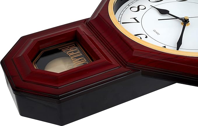 JUSTIME Traditional Schoolhouse Easy to Read Regulator Wall Clock, Chiming Wall Clocks with Pendulum & Westminster Chime Hourly, Schoolhouse Wall Decor Battery Operated (Red Mahogany)