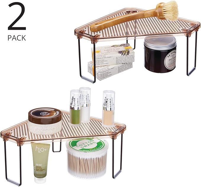 mDesign Plastic/Steel Corner Stackable Rack, Storage Organizer Shelf for Bathroom, Vanity, Countertop, Sink, Cabinet, Holds Makeup, Shower Accessories, Ligne Collection - 2 Pack - Bronze/Amber