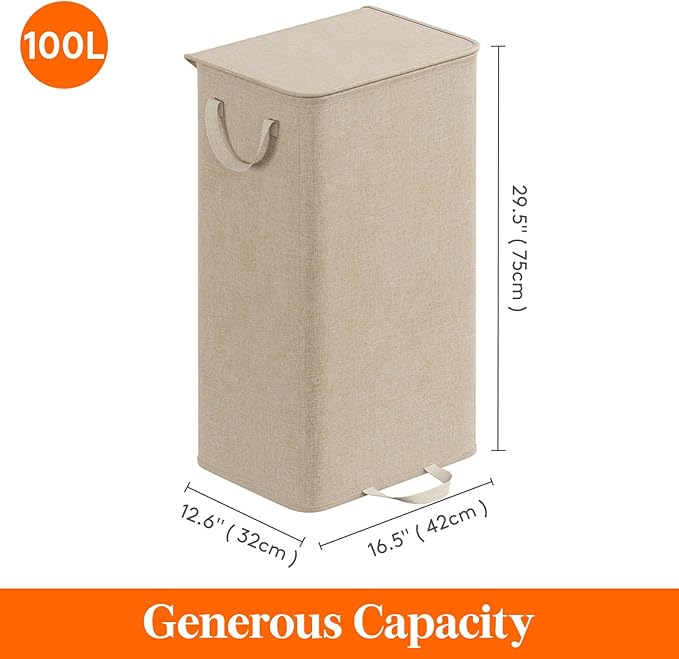 Lifewit Laundry Hamper with Lid and Removable Laundry Bag, Large Collapsible 1 Divider Dirty Clothes Basket with Handles for Bedroom, Laundry Room, Closet, Bathroom, College, 100L Beige