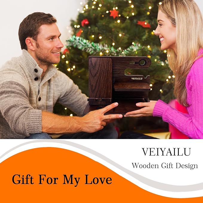 Gifts for Men Women Brother Boss Boyfriend Him Nightstand Organizer Gifts for Dad from Daughter Son Wood Phone Docking Station (Dark Brown)
