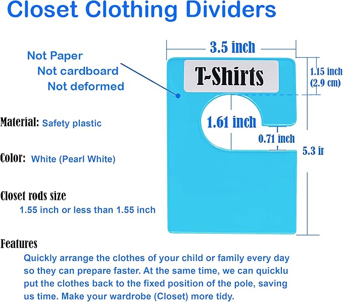 16 Pack White Clothing Rack Size Dividers Plus 45 Labels (1 Inch) and 18 Large Blank Labels, Large Rectangular Clothing Closet Dividers (Blue)