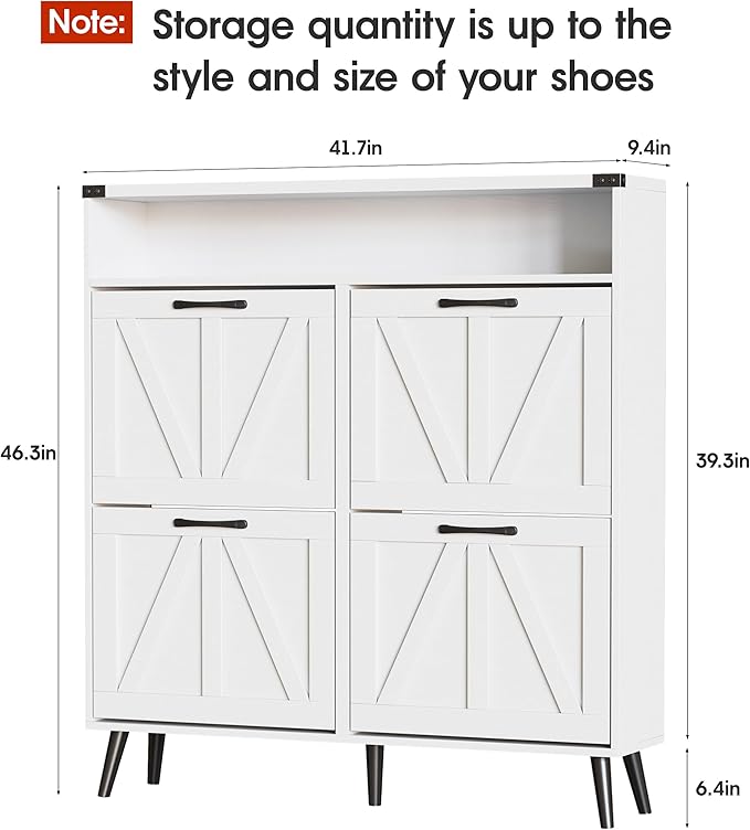 Shoe Cabinet with 4 Flip Drawers,Farmhouse Shoe Storage Cabinet for Entryway,Narrow Freestanding Organizer Rack with Open Shelves for Foyer,Hallway,White