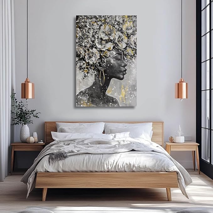 MLART99 African American Posters Black Woman Wall Art Gold and White Floral Canvas Artwork for Living Room Modern Photo Prints for Home 24x36 Inch Bedroom Pictures Wall Decor