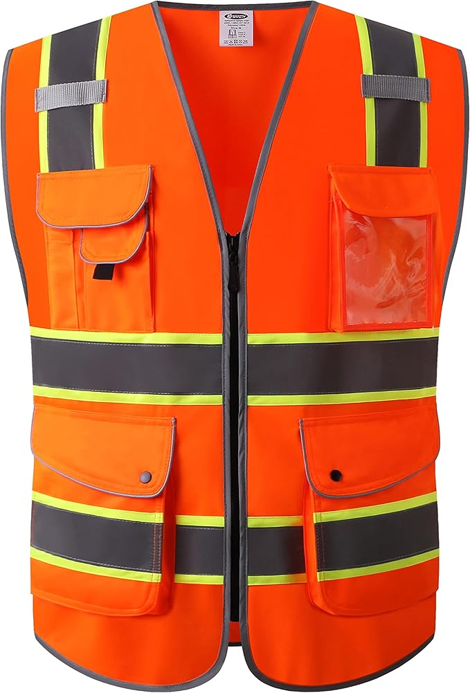 JKSafety 9 Pockets High Visibility Zipper Front Safety Vest | Orange with Dual Tone High Reflective Strips | Meets ANSI/ISEA Standards (901-Orange, 3X-Large)