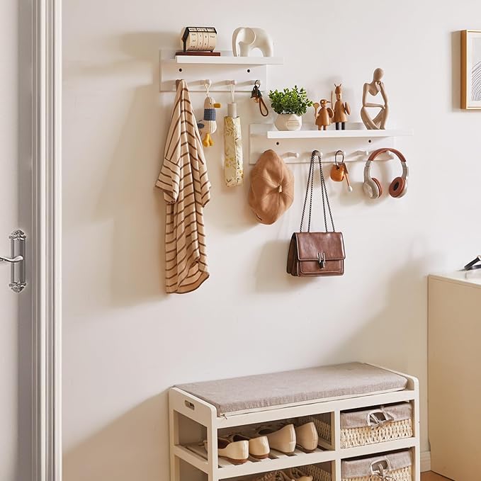 Wood Coat Hook with Wall-Mounted Shelf,15.75in Entryway Wall Hanging Shelf, for Bathroom, Kitchen, Coat Towel Key Organizer White YD-WS0240W