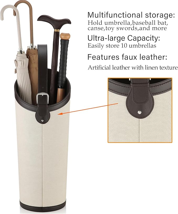 Artificial Leather Umbrella Holder Rack Hallyway Cane Stand for Entryway Large Capacity Can Storage 10 Umbrella Mid-Century Modern Stylish Umbrella Storage with Removable Drip Water Tray