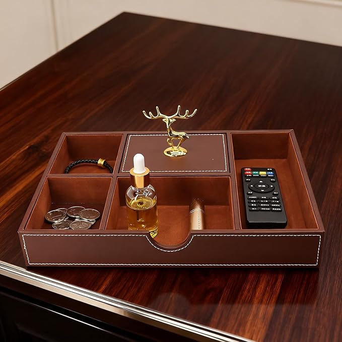 Jewelry Trays Nightstand Organizer, Valet Tray for Men and Women, Tray Organizer,Can hold Mobile phones, watches, cosmetics, keys. Dark Brown Faux Leather, 5 Compartment