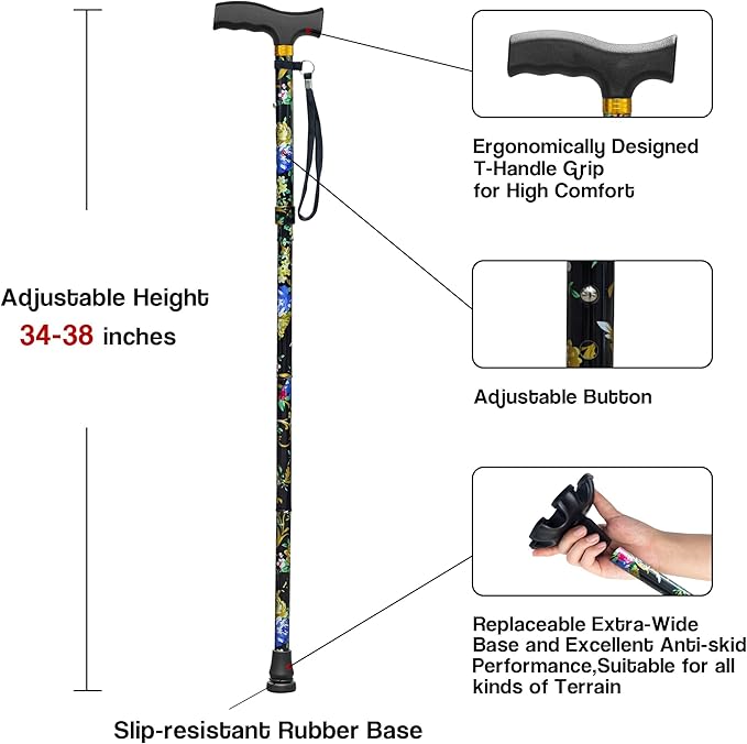 Walking Cane LIXIANG Cane for Man/Woman | Mobility & Daily Living Aids | 5-Level Height Adjustable Walking Stick | Comfortable Plastic T-Handle Portable Walking Stick Folding Cane