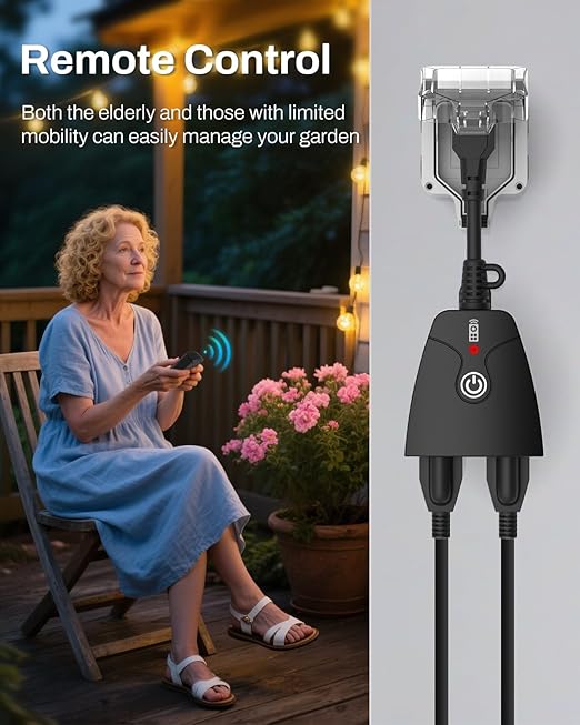 HBN Outdoor Wireless Remote Control Outlet Plug,Weatherproof Heavy Duty Power Strip,Indoor Electrical Plugs for Light Switch,6-inch Cord,100ft Range, 2 Remote Controls(15A,Dual 3-Prong Outlets)