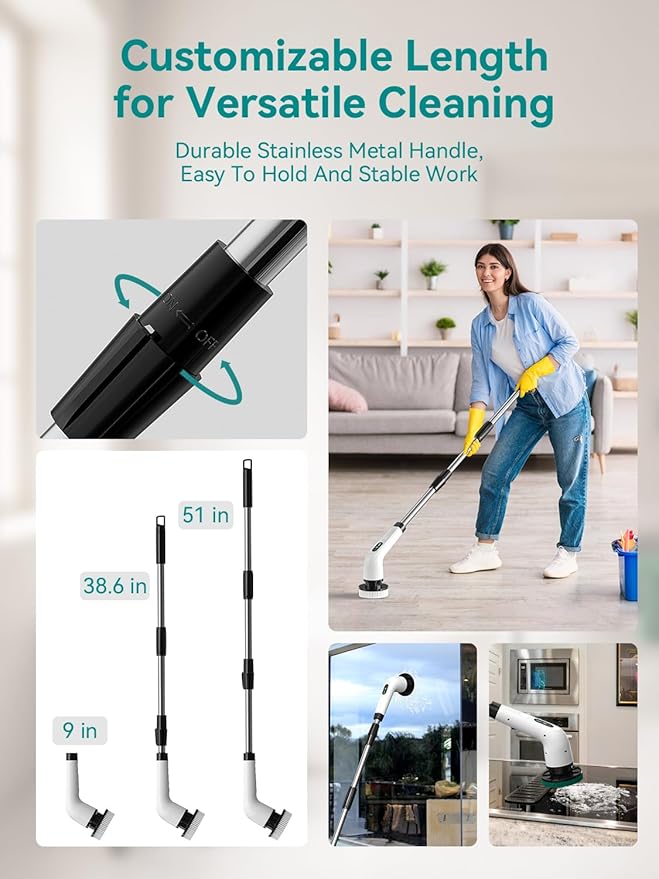 3-Speed Electric Spin Scrubber for Bathroom, 120Mins Runtime, Cordless Power Cleaning Brush with 8 Brush Heads, 3000mAh Shower Scrubber with Long Handle, Floor Scrubber, Grout Brush Bathtub Cleaning