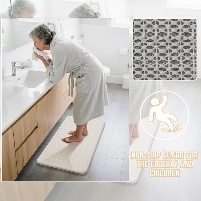 Yimobra Memory Foam Bath Mat Set 3 Pieces- Super Soft Absorbent Quick Dry Bathroom Rug Sets, Machine Washable Non Slip Floor Carpet for Tub Shower, Vanity & Toilet Base, Cream White