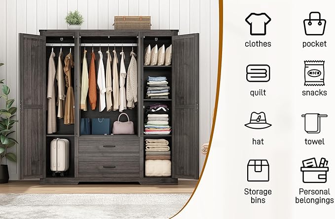 4 Doors Wardrobe Armoire Closet with Doors and Drawers, Farmhouse Wooden Armoire Storage Cabinet with Shelves & Hanging Rod for Bedroom, Grey