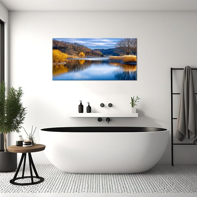 Beautiful Yellow Forest Park Wall Art for Living Room Office Calm Lake Blue Painting Prints Nature Autumn Canvas Artwork Over The Couch Bedroom Decor
