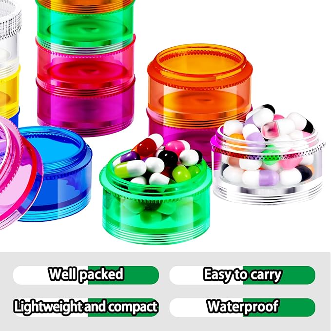 Sieral 7 Days Stackable Pill Organizers 7 Compartments Round Pill Boxes Tower Weekly Vitamin Individual Storage Containers Travel Cases with Lids for Medications, Vitamins and Supplements(8 Sets)