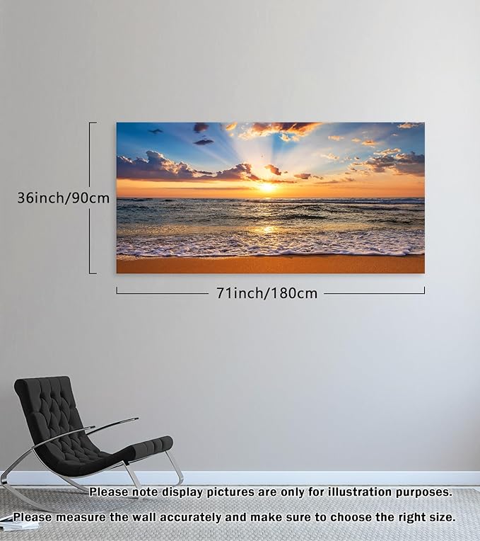 Muolunna BK1898 Wall Art Decor Large Canvas Print Picture Sunrise Ocean Beach 1 Panel Waves Scenery Painting Artwork for Office Wall Decor Home Decoration Stretched and Framed Ready to Hang
