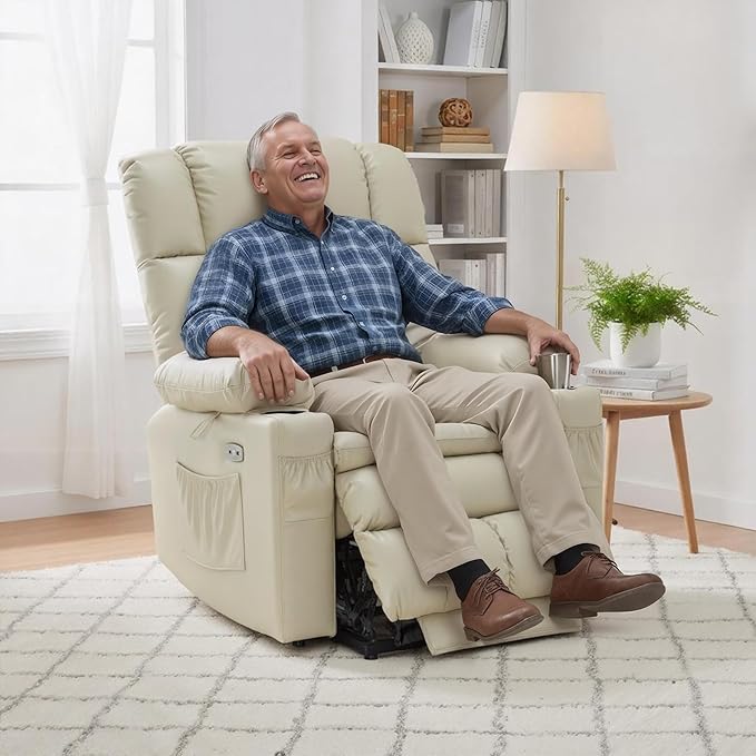 MCombo Dual Motor Power Lift Recliner Chair for Elderly, Lay Flat Lift Chair with Heat and Massage, Cup Holders, USB Ports, Faux Leather 7890 (Cream White, Medium)
