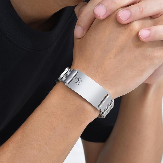 VNOX Medical Alert Id Bracelet for Men Women, Custom Engraving Adjustable Stainless Steel Customizable Mesh Emergency Survival Medic Bracelets Wristband Loop Band with Replacement Tag