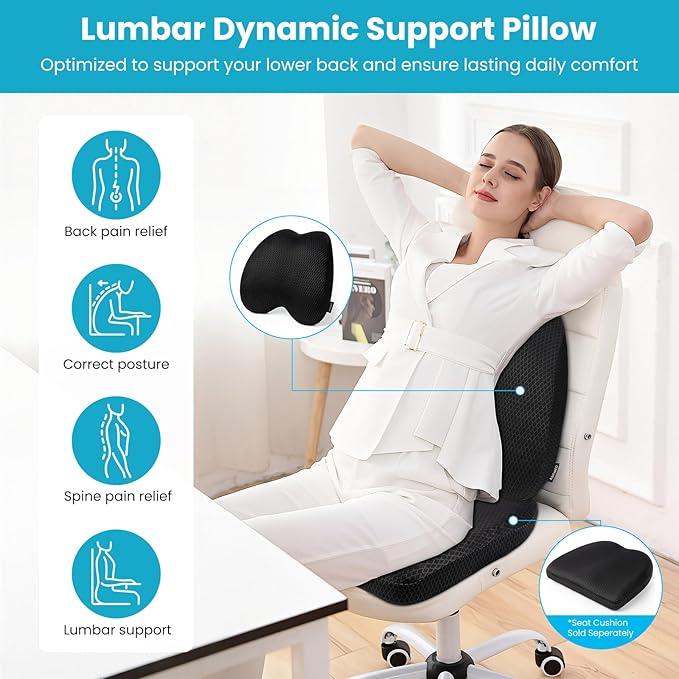 Lumbar Support Pillow Office Chair Car Back Pillow, Ergonomic Lower Back Pain Relief Breathable Air Fiber Cushion for Long Sitting Worker Driver & Handicapped, Adjustable Strap (Black)