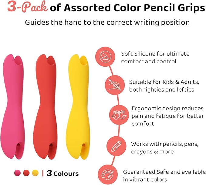 3 Pack Silicone Pencil Grips for Kids & Adults, Ergonomic Dual-Head Design for Handwriting, Drawing & Coloring, Improves Grip Control, Pink/Red/Yellow