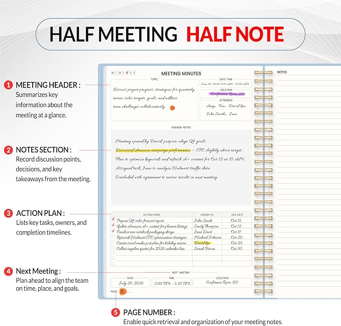 SUNEE Half Meeting Half Note 7"x10" Notebook for Work – 140 Pages, B5 Size Project Planner for Women&Men, Minutes Organizer for Meeting Notes, Ideas for Office/Business, PVC Waterproof Cover, Blue