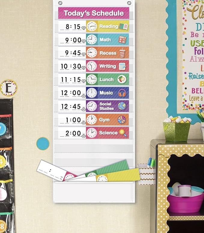 Eamay Daily Schedule Pocket Charts, Teaching Scheduling Pocket Chart, Hoom, Eamay Daily Scheduling Pocket Chart, Pocket Chart with 13+1 Pockets, 18pcs Dry Erase Cards and 2 Hooks (White)